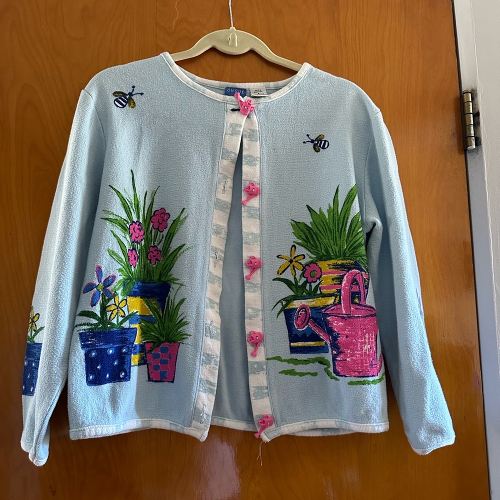 Onque Casuals Light Blue Floral Garden Cardigan with Pink Accents